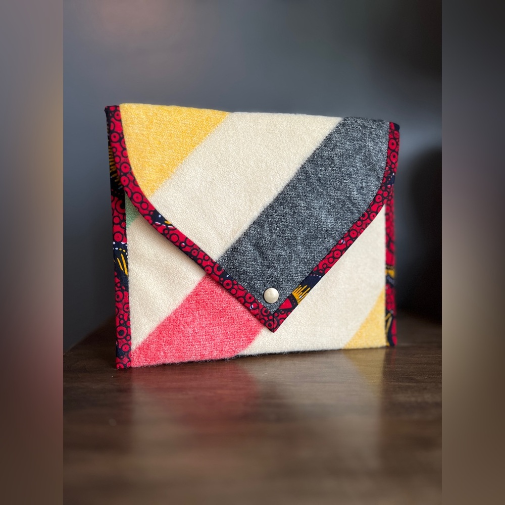 HBC stripes envelope clutch, reworked from vintage wool blanket, quilted & lined